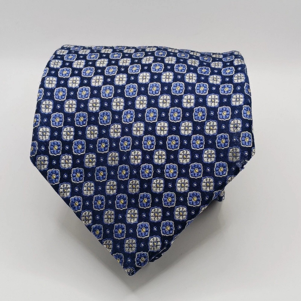 Tasso Elba Mens Silk Tie Navy Blue Geometric Floral Medallion Hand Made